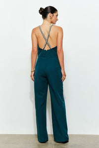 Emerald Crystal Trim Deep V Cross Back Jumpsuit