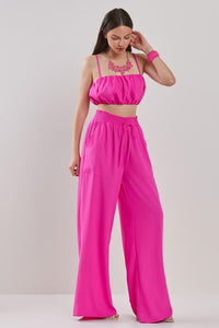 Hot Pink Pluffy Crop Top And Wide Pants Set