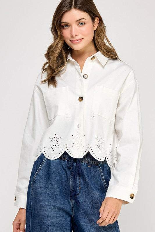 White Eyelet Hem Cotton Jacket