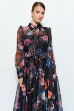 Black Floral Organza Puff Sleeve Belted Shirt Dress