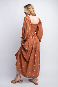 Caramel Gauze Embroidery Smocking Tiered Gradient Dress