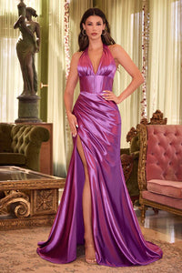 Orchid Halter Corset Waist Satin Gown
