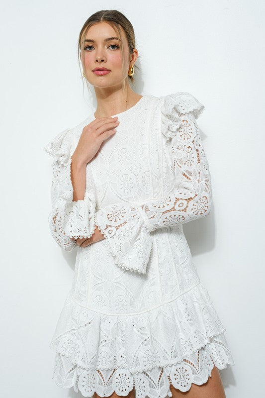 white long sleeve tiered dress White Lace Ruffled Long Sleeve Tiered Mini Dress – Aquarius Brand