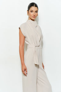 Cream High Neck Draped Waist Cap Sleeve Jumpsuit