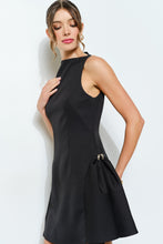 Black Metal Accent Side-pleat Sculpted Mini Dress