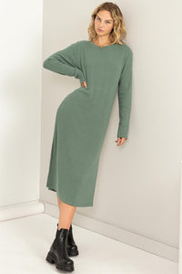 Gray Green Ribbed Long Sleeve Midi Dress