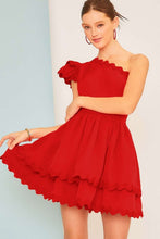 Red One Shoulder Scallop Edge Trim Solid Dress