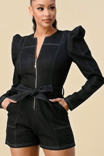 Black Belted Puff Sleeve Romper