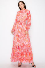 Coral Combo Floral Print Button Down Closure Tie Maxi Dress