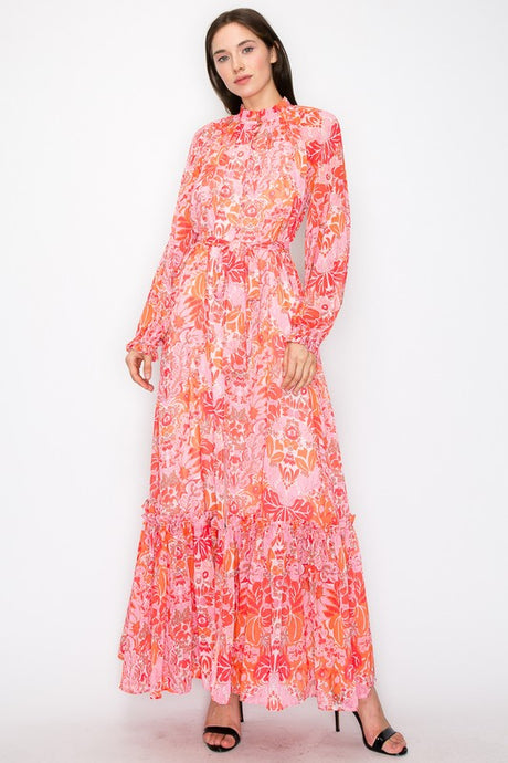 Coral Combo Floral Print Button Down Closure Tie Maxi Dress