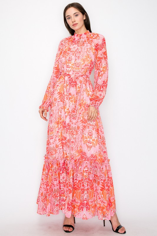 Coral Combo Floral Print Button Down Closure Tie Maxi Dress