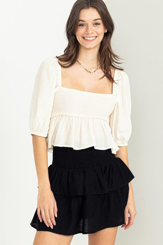 Cream Good Vibes Smocked Peplum Top