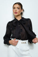 Black Sheer Embroidered Butterfly Bow Tie Blouse