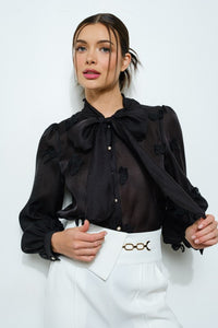 Black Sheer Embroidered Butterfly Bow Tie Blouse