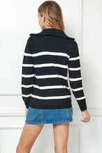 Black Stripe Knit Zip-up High Collared V-neck Sweater