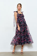 Black Multi Organza Floral Printed Tiered Midi Dress