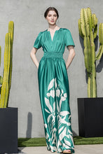 Ht.Green V Neck Leaf Printed Wide Jumpsui