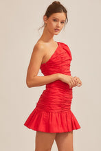 Tomato Red Puff Sleeve Ruffle Mini Shirring Dress