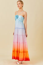 Multi Ombre 3D Flower Ruffle Trim Ombre Print Maxi Dress