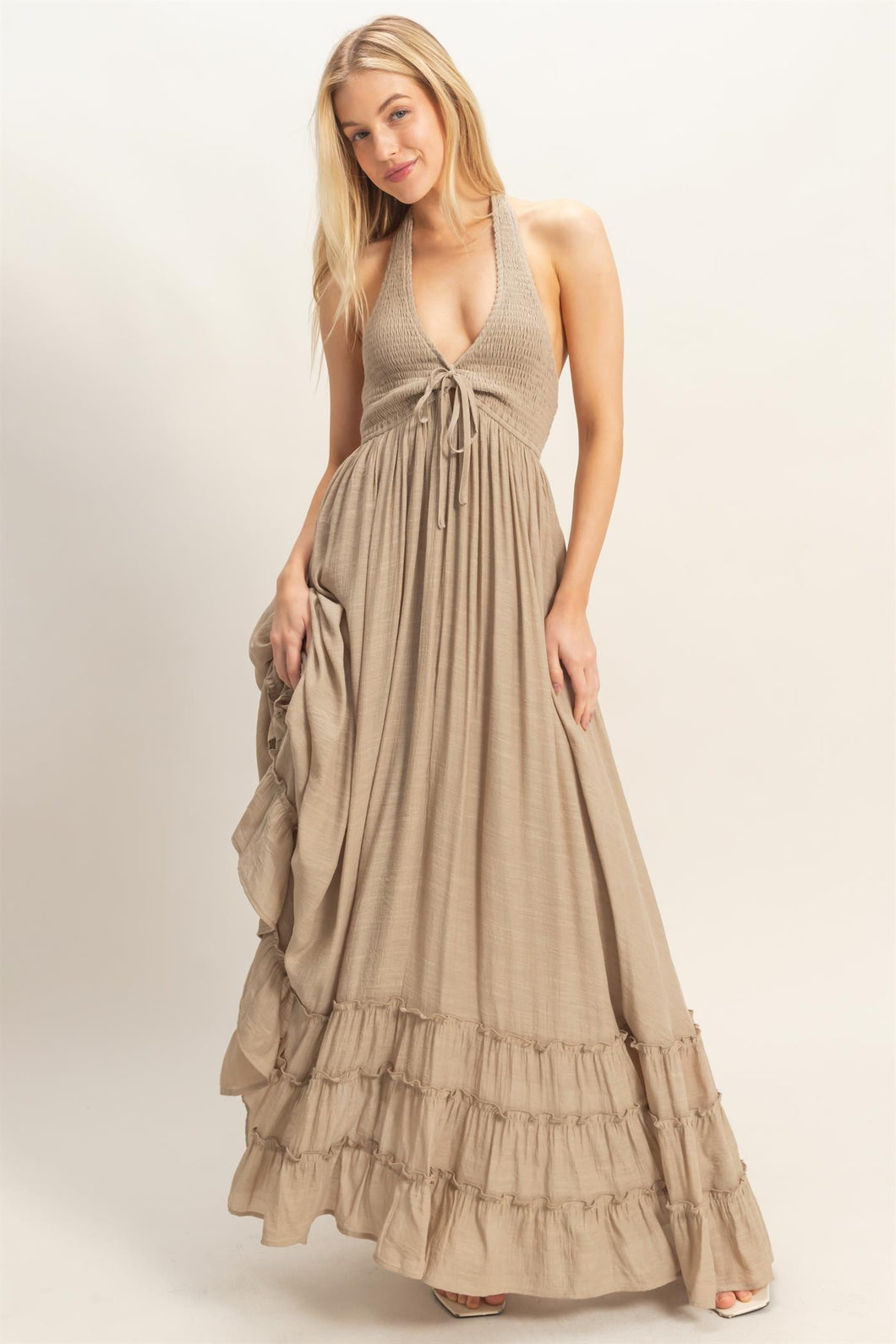 heavenly hues taupe maxi dress Taupe Halter Neck Smocked Maxi Dress – Aquarius Brand