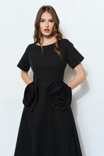 Black Elegant Rose Applique A-line Midi Dress