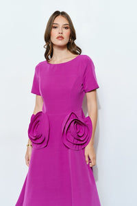 Grape Elegant Rose Applique A-line Midi Dress