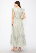 Sage Metallic Stripe Ruffled Sleeves Midi Dress