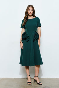Emerald Elegant Rose Applique A-line Midi Dress