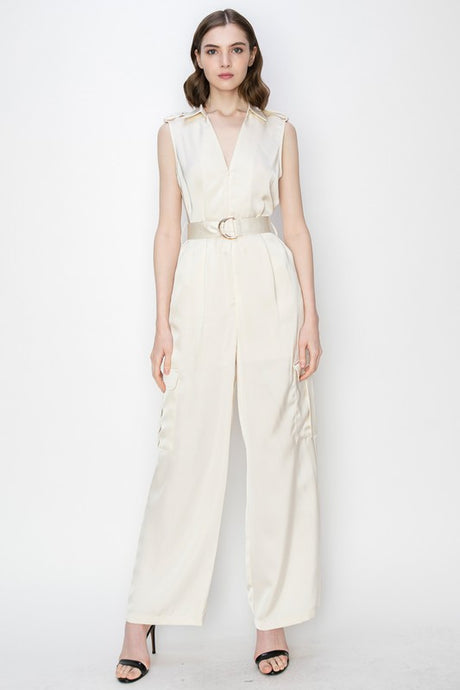 Champagne Satin V-Neck Side Pockets Cargo Pants Jumpsuit
