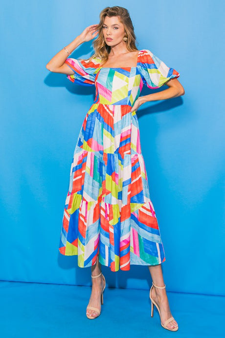 Blue A Printed Woven Midi Dress Featuring Square Neckli