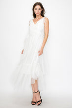 White Sleeveless Rhythmic Appliqued Tulle Midi Dress