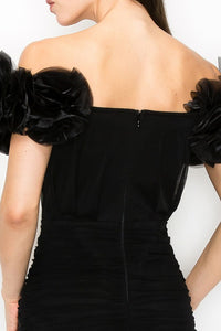 Black V-Neck Off Shoulder Mesh Metal Detail Mini Dress