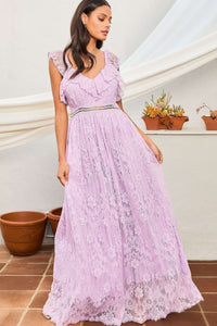 Lavender Elastic Shoulder Ruffle Back Zipper Lace Dress