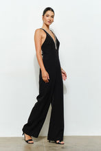 Black Crystal Trim Deep V Cross Back Jumpsuit
