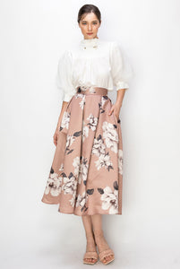 Cappuccino High Waist Floral Print Pleated Midi Skirt