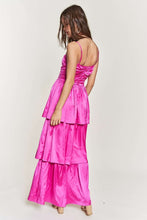Fuchsia Satin Ruched Multi Layer Maxi Dress