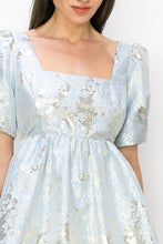 Blue Square Neck Jacquard Glitter Baby Doll Mini Dress