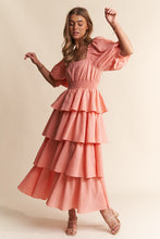 Salmon Square Neckline Ruffle Tiered Maxi Dress
