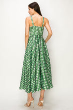 Green/White Satin Trellis Print Bustier Flared Midi Dress