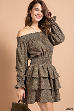 Olive Smocked Neckline Mini Dress With Tiered Layers