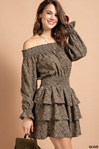 Olive Smocked Neckline Mini Dress With Tiered Layers