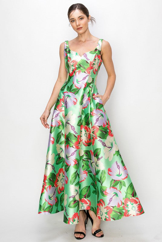 Green Floral Flower Print Heart Neckline Sleeveless Maxi Skirt