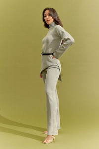 Grey Knit Asymmetrical Top And Pants Set