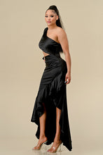 Black One Shoulder Diagonal Ruffle Bottom Dress