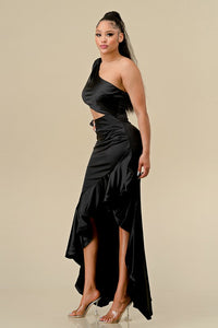 Black One Shoulder Diagonal Ruffle Bottom Dress