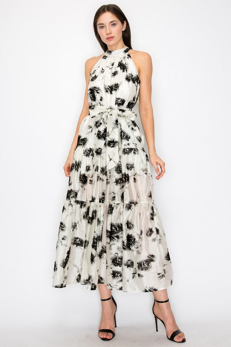 White/Black Sleeveless Halter Neck Floral Print Midi Dress