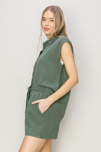 Gray Green Set-Linen Shirt And Shorts Set