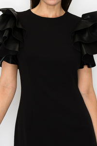 Black Faux Leather Ruffled Sleeves Stretch Mini Dress