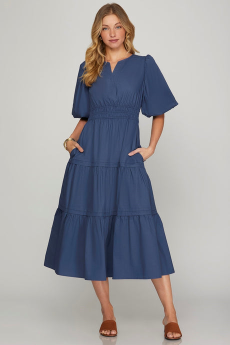 Navy Solid V Neck Balloon Half Sleeve Midi Dress