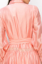 Peach Long Sleeve Shirt Maxi Dress With Lace Trim Tie